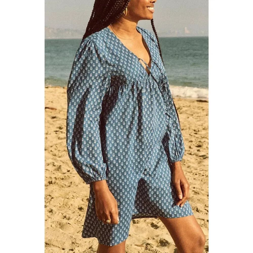 NWT Faherty Lyla Dress Indigo Gobi Floral Organic Cotton Mini Dress Medium